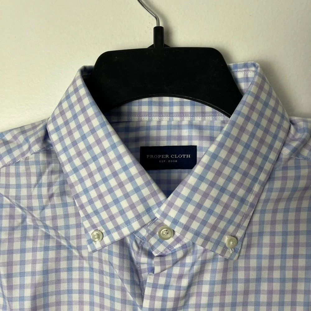 Proper Cloth Button Down Shirt Mens XL Gingham Short Sleeve Monogram JHG Blue